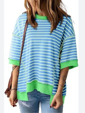 Ladies oversized Striped Tee in Blue & Lime - Unbranded size XL